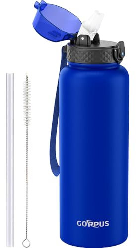 GOPPUS 1.2L/40oz Stainless Water Bottle with Straw Double Wall Insulated Bottles with Strap Large Vacuum Thermal Flask Leakproof Keep Cold Drinks Bottles with Flip Top Lid for Men Women BPA Free