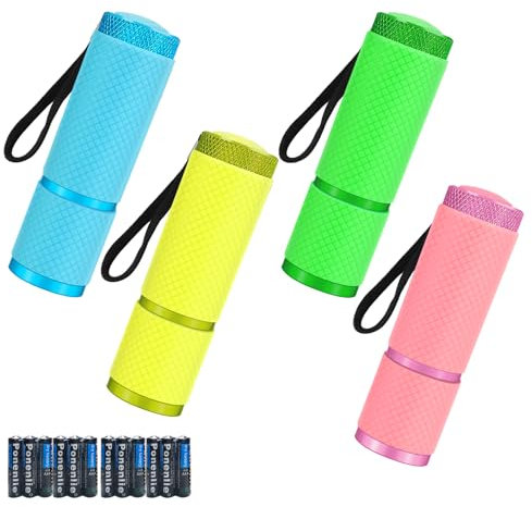 CUODIYA Small LED Torch, 4 Pack Super Bright Battery Powered, Colorful Glow in Dark Camping Pocket Light, With 9 LEDs Mini Flashlight for Adult Hiking, Batteries Included