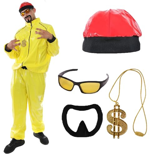 Gelbes Rapper-Kostüm für Erwachsene, gelber und schwarzer Muschelanzug, roter Hut, gelbe Sonnenbrille, Dollarzeichenkette, schwarzer Ziegenbart – Erwachsenen-TV-Film-Kostüm