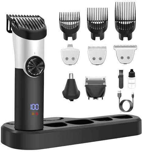 KLGFI Haarschneidemaschine Set, 5 In 1 Profi Haarschneider Herren, LED Anzeige Haartrimmer Clipper Bartschneider Präzisionstrimmer mit Eine Grenzkamm-Einstellfunktion Barttrimmer Waterproof