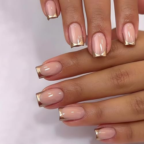 24PCS Fake Nails with Glue - Short Square False Nails - Nude Press on Nails French Tip with Gold Liner - 12 Sizes Full Cover Acrylic Nail Tips and Glue Stick on Nails for Women