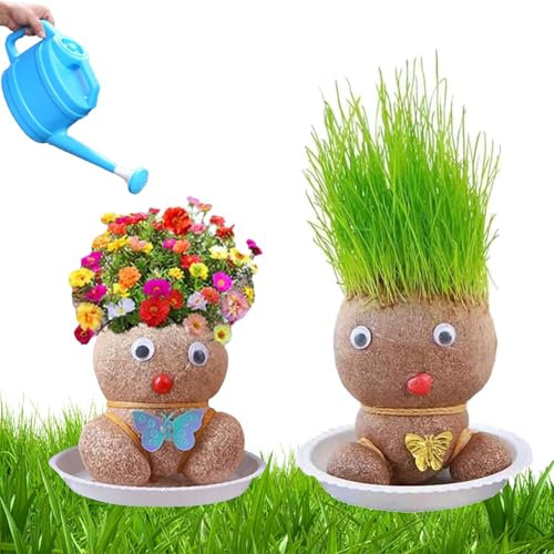 2Pcs Planta De Muñeca con Cabeza De Hierba En Crecimiento, Maceta De Cabeza De Muñeca, Planta Cabeza Hierba Que Crece En Macetas Bonsai Mini, Bonsái De Muñeca con Cabeza De Hierba con Bandeja (M1)