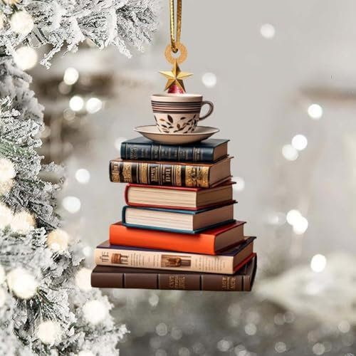 2D Flat Wooden Christmas Books Ornament, Tree Shape Bookshelf Pendant, 2024 Acrylic Decorations for Tree Hanging, Books Stacked Ornament
