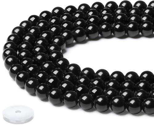 QINJIEJIE Obsidian Perlen 8mm mit Loch Edelstein Perlen Zum Basteln Runde Kristall Beads 50 Stück Schwarze Glasperlen Perlen für Armbänder Erwachsene DIY Halskette Schmuckherstellung