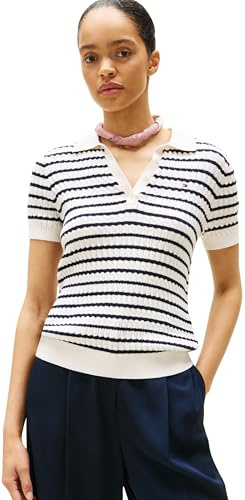 Tommy Hilfiger Damen Poloshirt Kurzarm Cable Sweater mit Knopfleiste, Mehrfarbig (Ivory Silk/Dark Night Navy STP), XXS