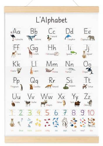 Französisch ABC Poster für Kinder 30x40 cm Lernposter Schreiben Lernen Alphabet Zahlen Buchstaben Grundschrift Geschenk zur Wanddeko Kinderzimmer für Einschulung Kindergarten Grundschule Vorschule