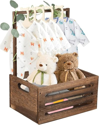NIHUIFDPY Baby Shower Crate Closet with 5 Hanger +2M Garland, Wood Baby Shower Basket with Handle, Decorative Baby Clothes Rack, Baby Shower Hamper Storage Basket for Baby Shower New Parent (Style H)
