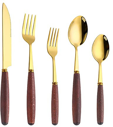 Utensilien, Besteck, Besteck-Set, 5-teilig, 18 10 Edelstahl, Holzgriff, hochglanzpoliert, spülmaschinenfest, für Zuhause, Küche, inklusive Messer, Gabel, Löffel und Teelöffel