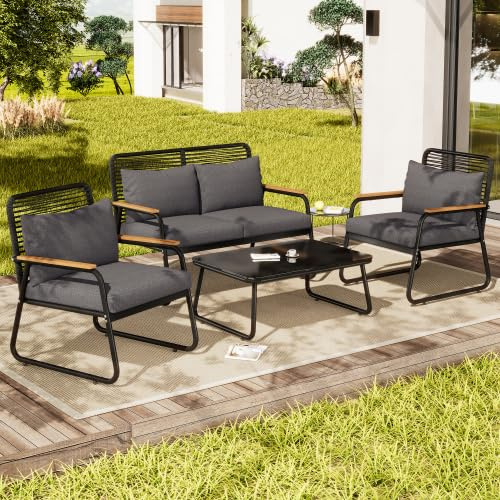 Huayz Gartenmöbel Set 4-TLG, Gartenlounge Set Balkonmöbel mit 2er Sofa, 2 Stühle, Tisch & Kissen, Terassenmöbel Außen Sitzgruppe wetterfest für Garten Balkon Terrasse