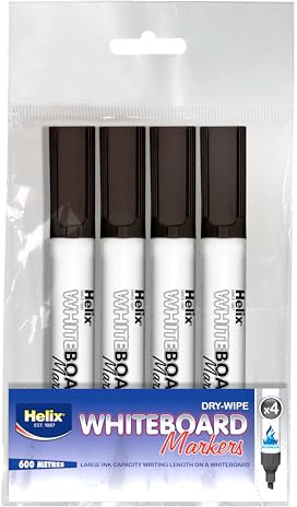 Helix Whiteboard Markers, Pack of 4, Black, 600 Metres Writing Length, Dry-Wipe, Large Ink Capacity