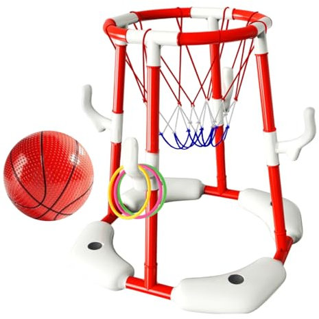 Aro de Baloncesto de la Piscina, aro de Baloncesto Flotante 2 en 1 & Juguetes de Techo de Anillo, Juegos de flotación con 1 Bolas y 12 Anillos para niños para Adultos, Rojo.