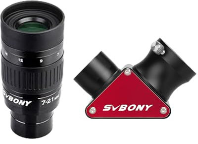 Svbony SV135 Zoom Telescope Eyepiece, 1.25'' 7-21mm Telescope Eyepiece, 57~40° Filed of View FMC Coating, with SV188P Zenith Dielectric Mirror for Planet Moon Nebulae Astronomical Visual Observation