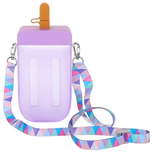 yeeplant Kawaii - Botella de agua con popsicle con popote, botella de plástico a prueba de fugas, portátil con correa, perfecta para niños y viajes