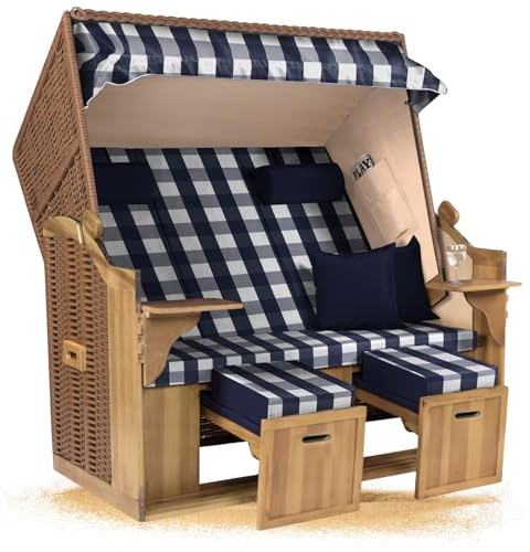 Strandkorb Hanse Ostsee Royal XXL 2,5 Sitzer Volllieger, 150 cm breit, Wacholderholz, Geflecht Natur, zerlegt als Bausatz, 2 Schwenktische, Fußstützen, Bezug Blau Weiß Kariert