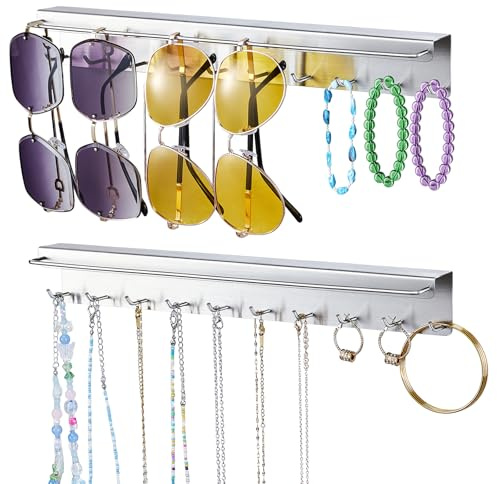 2 Stück Brillenhalter Wand & Ketten Aufbewahrung, Sonnenbrillen Aufbewahrung mehrere Brillen, Hängend Schmuckhalter für Halsketten,Armbänd & Ohrringe, Metall Kettenhalter, Brillenständer, Silber