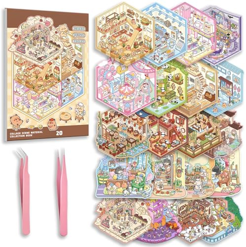 20 Sets 3D Sticker Scene Book – DIY Miniatur Haus Sticker 3D mit Pinzette, Hausaufkleber für Anfnger & Erwachsene, Aufkleber-Szene Buch mit Vergnügungspark, Restaurant, Bibliothek, Stressabbau & Deko