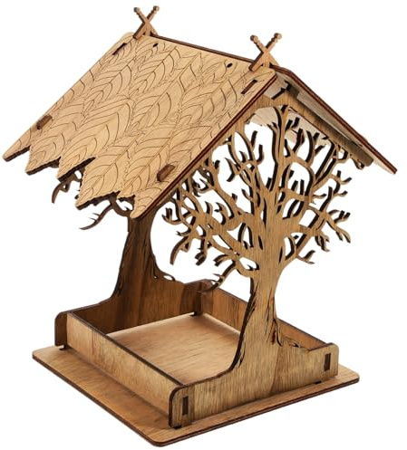 VILLFUL Outdoor Vogelkäfig Futterspender aus Dunklem Holz Witterungsbeständig und Einfach Aufzuhängen Auslaufsicherer Vogelfutterspender für Garten und Terrasse Praktische und Hygienische