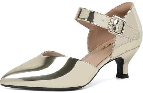RIBONGZ Comfortable Kitten Heels for Women Pointed Closed Toe Ankle Strap Buckle Heels Slip on Low Heel Church Pumps Wedding Bridal Party Dressy Shoes, Gold Patent, 8 UK