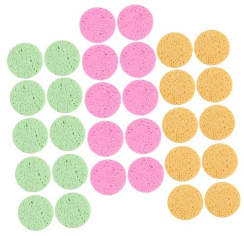 Alipis 30 Stück Runde Gesichtsreinigungsschwämme Schwamm für Sanftes Peeling und Make Up Entfernung Tragbar für Reisen in Gelb Rosa und Grün
