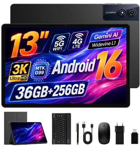 Tablet 13 Pulgadas Android 16, Pantalla 3K 2944×1840, 4G LTE Dual SIM+5G WiFi, 36GB RAM 256GB ROM/1TB, Helio G99 Octa-Core, Widevine L1/Gemini AI/11580mAh/GPS/13MP, Tablets con Teclado/Raton/Funda/Pen