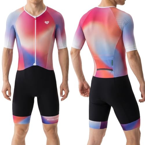 MY KILOMETRE Tuta da Triathlon da Uomo Maniche Corte – Trisuit Traspirante Asciugatura Rapida con Tasca Posteriore