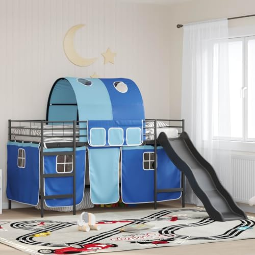 Kaloriko Kinder Hochbett Rahmen mit Bogen, Rutsche, Vorhängen, Metall, Schwarz/Blau, 90x190cm, Langlebiges Stahlbett für Kinderzimmer, Spielbereich, Abenteuer