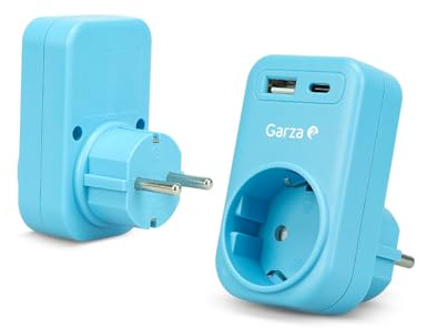 Garza – 3-in-1-Steckeradapter mit 1 Schuko-Stecker + 1 USB-A QC3.0 + 1 USB-C PD20W, 20 W Schnellladung, Kindersicherung, 3680 W, tragbar und sicher – Blau