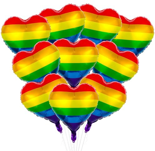 10Pcs Pride Decorations Foil Balloons, Rainbow Heart with Ribbon & Straw | 18In Rainbow Stripes Decorations Balloon for LGBTQ+ Pride Month Party Parades Celebrations