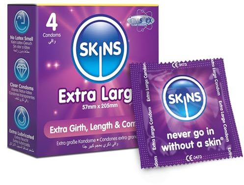 Skins Extra Large XL Condoms – Natural Latex Extra Large Condom; pre lubed for Comfort - Discreet Pack of 4