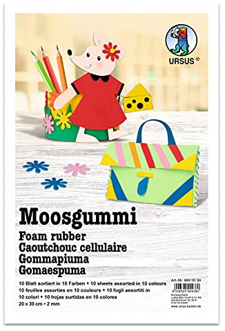 Ursus 8840099 - Moosgummi Intensiv, 2 mm dick, ca. 20 x 30 cm, Schaumstoff-Platten Sortiert in 10 Farben, knickfest, wasserfest und flexibel, ideal für kreatives Basteln, bunt