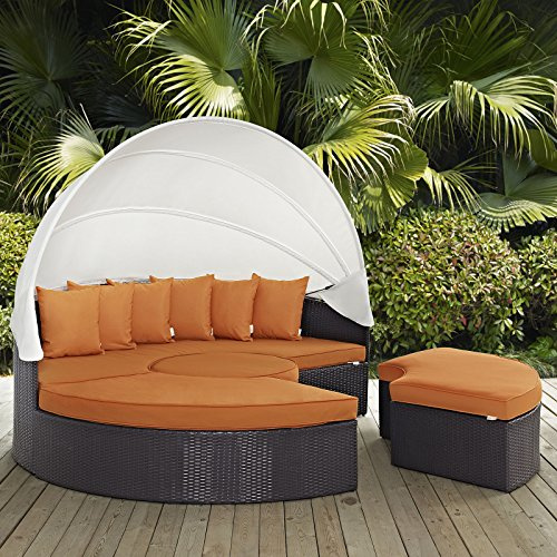 Modway Convene Wicker Rattan Outdoor Patio Retractable Canopy Round Poolside Sectional Sofa Daybed with Cushions in Espresso Orange