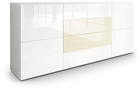 Vladon Sideboard Rova, Made in Germany, Kommode mit 4 Türen und 4 Schubladen, Weiß matt/Weiß Hochglanz/Creme Hochglanz (166 x 72 x 35 cm)