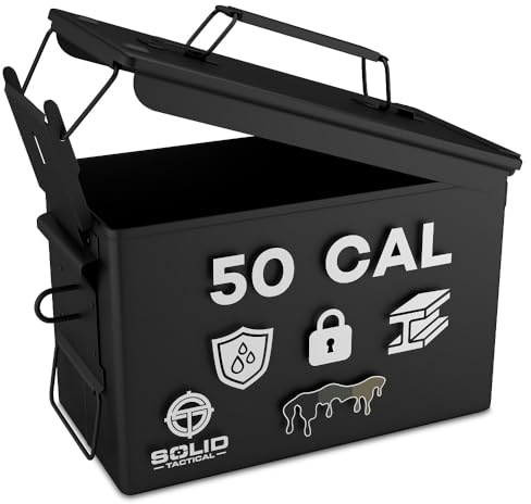 Solid Tactical Lockable 50 Cal Metal Ammo Storage Box Black - Military & Army Steel Ammo Can for Ammunition Storage - Waterproof Ammo Crate Utility Bo