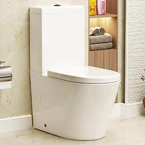 Cesar Bathroom Short Projection Rimless Close Coupled Toilet Round Pan with Dual Flush Cistern & Quick Release Soft Close Seat - Ceramic Gloss White