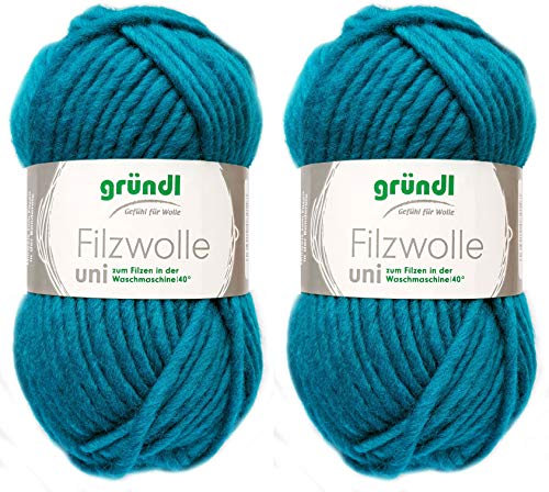 2x50 Gramm Gründl Filzwolle inkl. Anleitung für Topflappen (Uni Farben, 57 Laguna Blau)