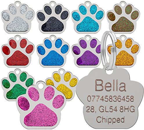 Dog Cat Pet Tag ID Collar Tags Personalised Engraved 27mm Glitter Paw Print (Black)