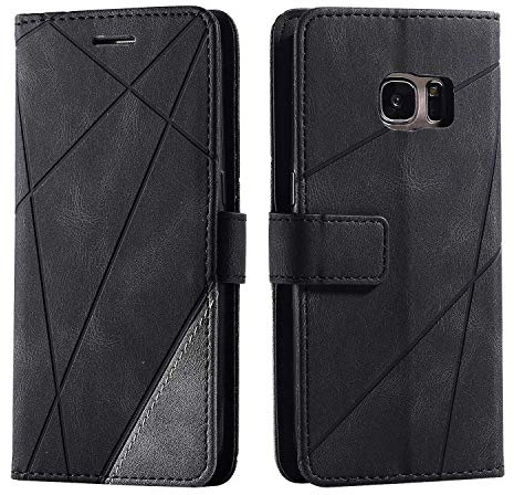 SONWO Hülle für Samsung Galaxy S7, Premium Leder PU Handyhülle Flip Case Wallet Silikon Bumper Schutzhülle Klapphülle für Galaxy S7, Schwarz