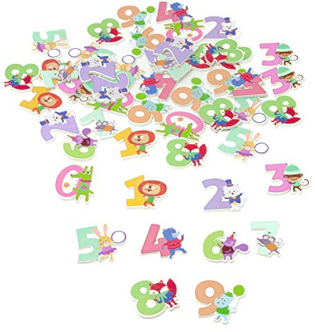 Oblique Unique® Holz Knöpfe mit Zahlen 0 bis 9 und Tieren Bunt Handarbeit ca. 50 Teile zum Nähen Basteln Tisch Deko für Schuleinführung Einschulung
