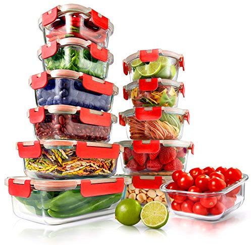 Nutrichef frascos de vidrio, 12 piezas con tapas hermeticas, Tapers aptos para microondas, Congelador y Lavavajillas automatico. Contenedores ideales para comidas, frutas y mas