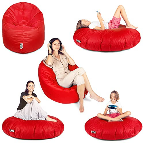 PATCH HOME Patchhome Sitzsack 2 in 1 Sitzkissen Bodenkissen für Erwachsene & Kinder - Gaming mit Füllung Kissen Sessel BeanBag (Ø 100cm, Rot)