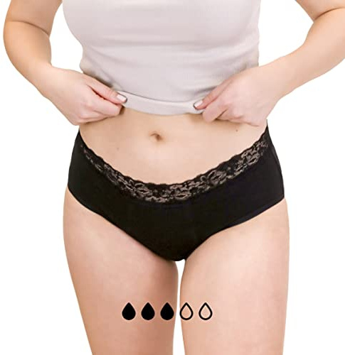 MYLILY® Periodenunterwäsche I Bio-Baumwolle I Periodenunterwäsche auslaufsicher I Nachhaltig & waschbar I Inkontinenz I Schwangerschaft & Wochenbett geeignet (Hipster Strong mit Spitze, L)