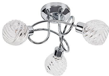MiniSun Modern 3 Way Polished Chrome Curved Arm Flush Ceiling Light with Swirled Glass Dome Shades