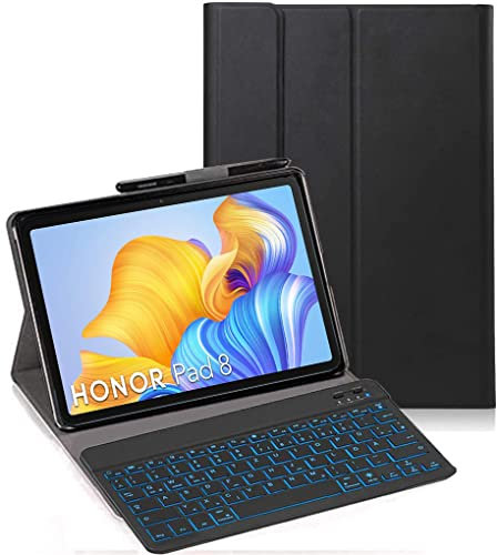 YHFZR Tastatur Hülle für Honor Pad 8 12-Zoll, [Deutsches QWERTZ] Slim Hülle mit 7 Farben Beleuchtung Kabellose Tastatur mit Schützhülle für Honor Pad 8 12-Zoll, Schwarz