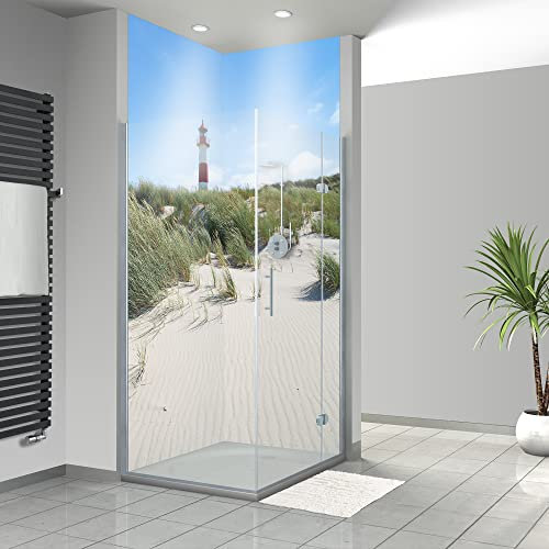WANDFREUDE individuelle Duschrückwand Aluverbundplatte auf Maß (2 Stück - Leuchtturm in Düne - Seidenmatt) – Dusche Wandverkleidung Duschwandverkleidung Duschrückwände