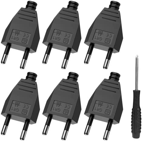 Eurostecker Flach, Euro Flachstecker, Stromstecker Flach (220V, 2.5A), Schwarz - 6 Stücke