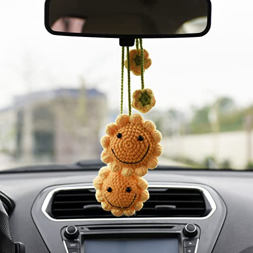 2 PCS Sunflower Car Interior Rear View Mirror Ornament Hanging Accessories, Knitted Flower Interior Mirror Decorations, Handmade Aesthetic Decor Crochet Plant, Yellow