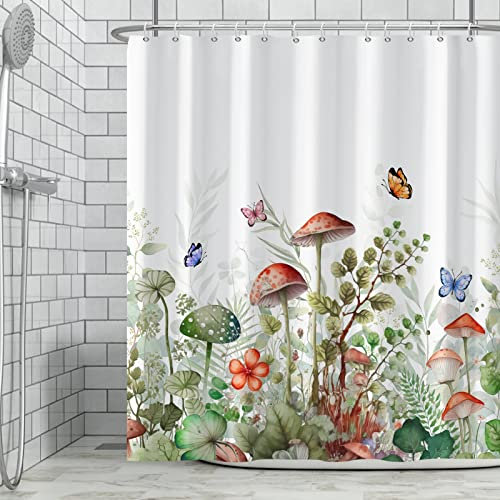 Ttincceer 183x213cm Pilz Duschvorhang Wilde Pflanze Rot Pilz Grün Blatt Bad Vorhang Bunte Schmetterling Aquarell Botanische Blume Duschvorhänge Wasserdicht Badewanne Vorhang