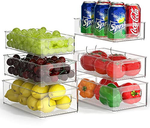 FINEW Kühlschrank Organizer 6er Set (3 Größen), Stapelbare Speisekammer Vorratsbehälter, Durchsichtig Kühlschrank Aufbewahrungsbox Organisation für Küche, Schublade, Spülbecken, Badezimmer - BPA frei