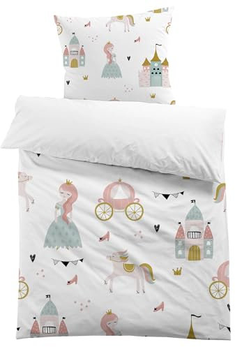 MUSOLEI Bettbezug 140 x 200 cm, für Kinder, Mädchen, Prinzessin, Einhorn, Bettwäsche, 90 x 190 cm, für Kinder, Mädchen, 1 Person, Prinzessin, Schloss, Einkaufswagen, 3D-Druck, mit Kissenbezug 65 x 65
