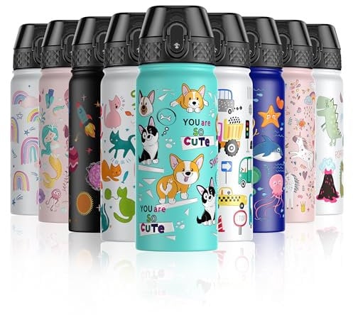 OLDLEY 550ml/18oz Kids Stainless Steel Insulated Water Bottle with Straw for School Reusable Metal Vacuum Small Flask Leakproof Keep Drinks Hot Cold for Boys Girls Toddlers Children (Dog, 550ml)